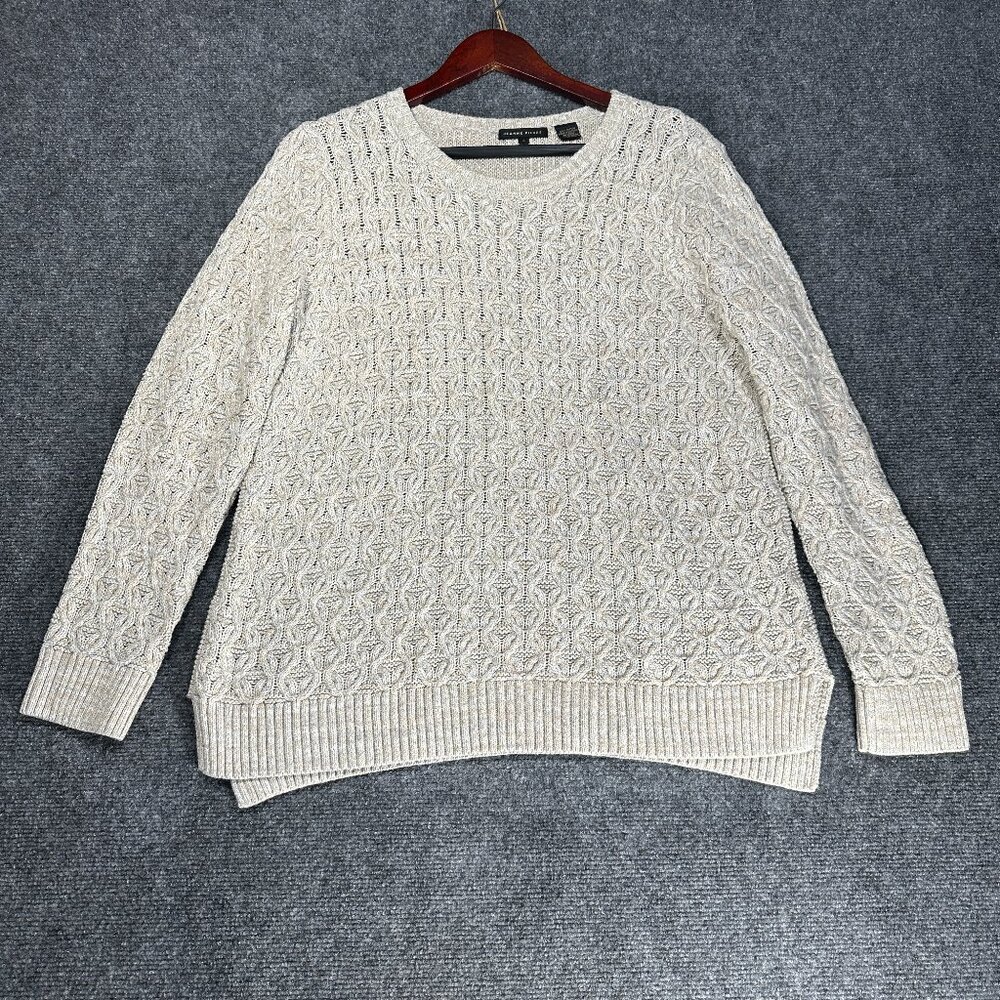 Jeanne Pierre Sweater Womens Large Beige Cotton Cable Knit Ribbed Hem